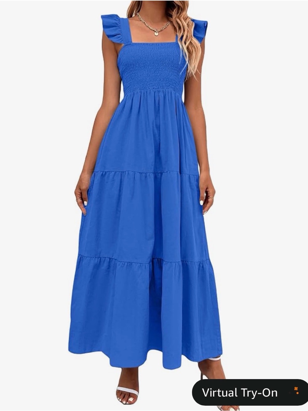 Blue Smocked Tiered Maxi Dress with Ruffle Straps